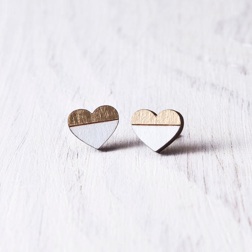 Wooden Gold White Heart Studs - JuliaWine