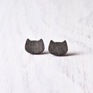 Black Cat Stud Earrings, Wooden Studs - JuliaWine