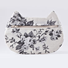 Load image into Gallery viewer, White Cat Cosmetic Bag with Black Floral Pattern - wishMeow 