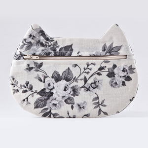 White Cat Cosmetic Bag with Black Floral Pattern - wishMeow 