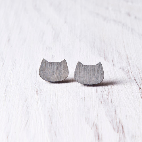 Gray Wooden Cat Stud Earrings