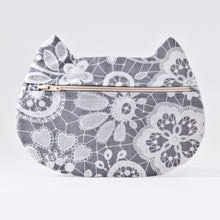 Load image into Gallery viewer, Gray Floral Cat Cosmetic Bag, Cotton Makeup Bag - wishMeow