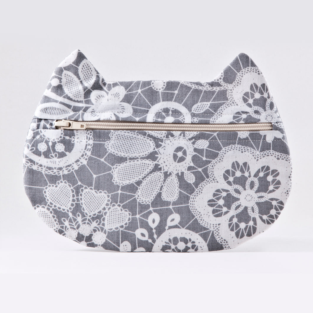 Gray Floral Cat Cosmetic Bag, Cotton Makeup Bag - wishMeow