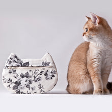Load image into Gallery viewer, White Cat Cosmetic Bag with Black Floral Pattern - wishMeow