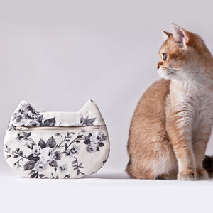 White Cat Cosmetic Bag with Black Floral Pattern - wishMeow