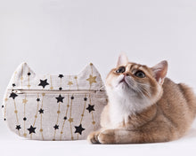 Load image into Gallery viewer, Beige Cat Cosmetic Bag with Gold Black Stars - wishMeow 