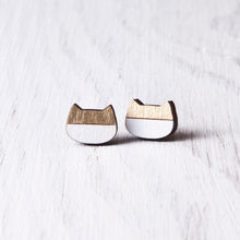 Load image into Gallery viewer, Gold White Cat Stud Earrings, Wooden Studs