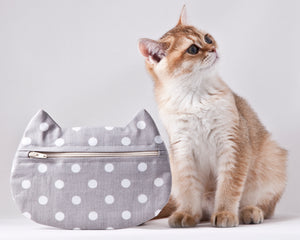 Cat Cosmetic Bag Gray Dotted - wishMeow 