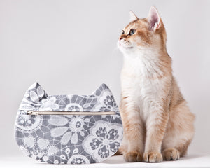 Gray Floral Cat Cosmetic Bag, Cotton Makeup Bag - wishMeow