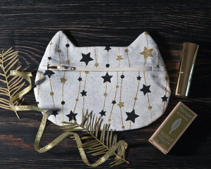 Beige Cat Cosmetic Bag with Gold Black Stars - wishMeow 