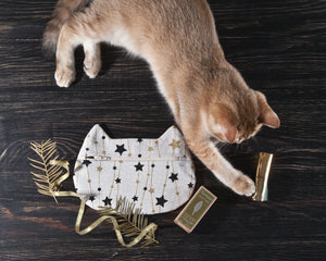 Beige Cat Cosmetic Bag with Gold Black Stars - wishMeow 
