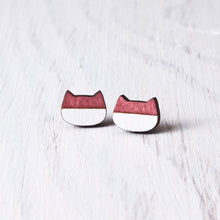 Load image into Gallery viewer, Red White Wooden Cat Stud Earrings 