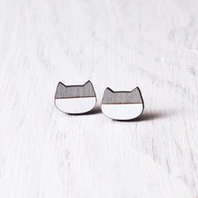 Load image into Gallery viewer, Gray White Cat Stud Earrings, Wooden Studs
