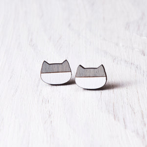 Gray White Cat Stud Earrings, Wooden Studs