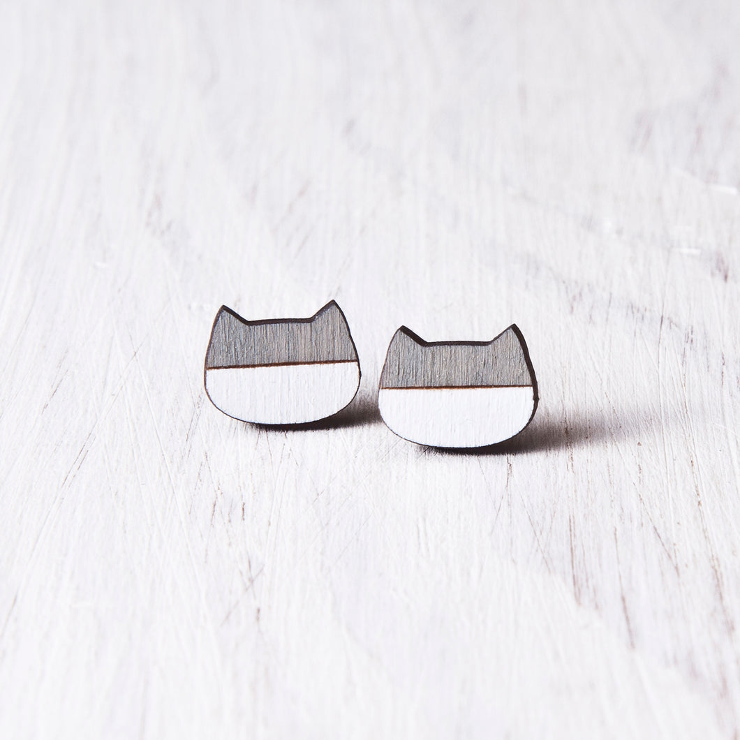 Gray White Cat Stud Earrings, Wooden Studs