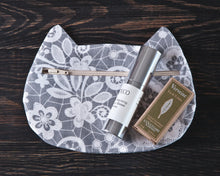 Load image into Gallery viewer, Gray Floral Cat Cosmetic Bag, Cotton Makeup Bag - wishMeow