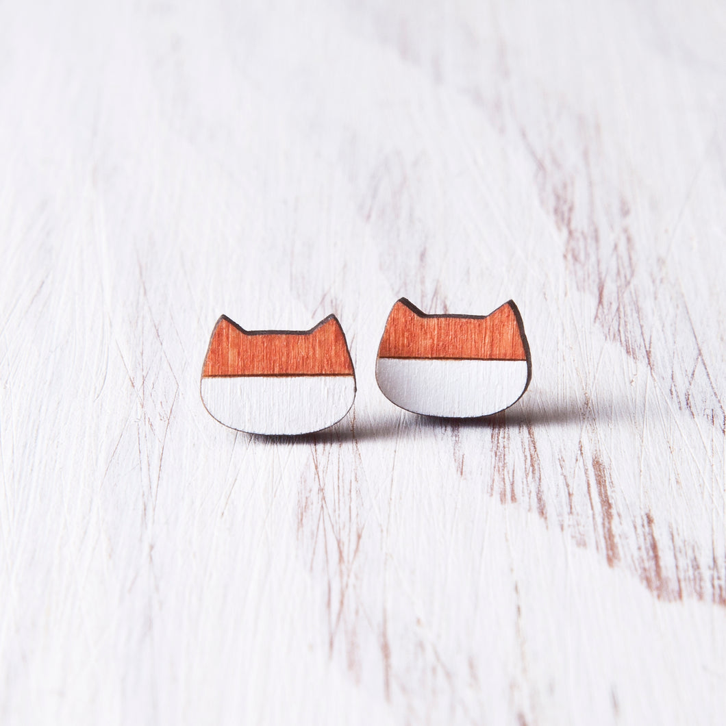 Orange White Wooden Cat Stud Earrings