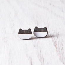 Load image into Gallery viewer, Cat Stud Earrings, Black White Wooden Studs