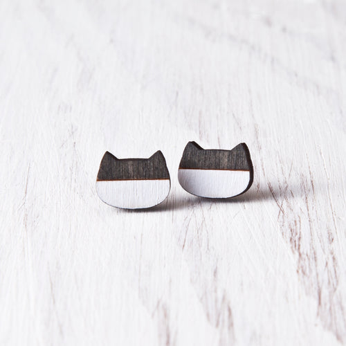 Cat Stud Earrings, Black White Wooden Studs