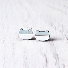 Load image into Gallery viewer, Blue White Cat Stud Earrings, Wooden Studs