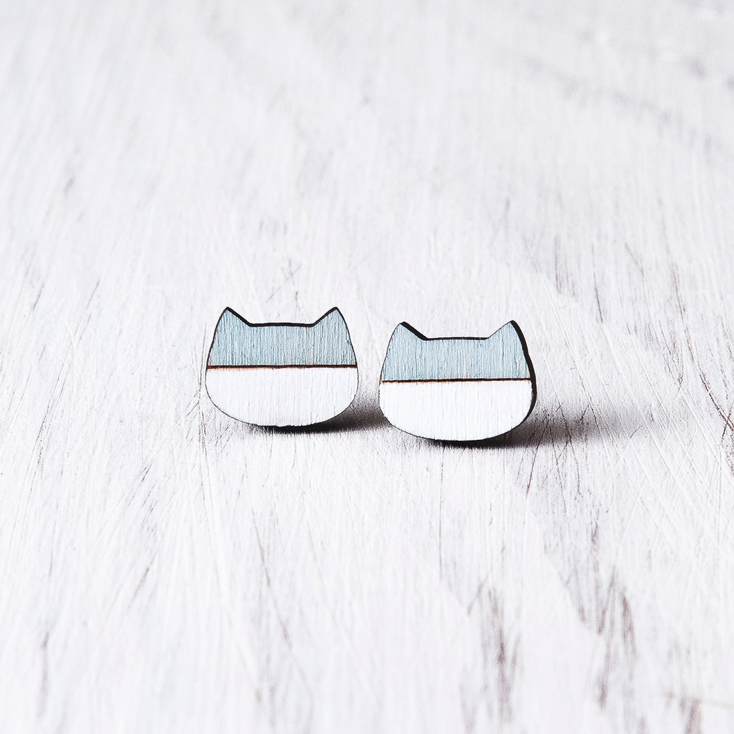 Blue White Cat Stud Earrings, Wooden Studs