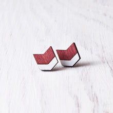 Load image into Gallery viewer, Wooden Arrow Earrings, Dark Red Chevron Studs, Valentines Day Gift for Her