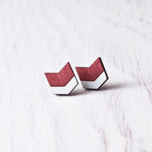 Wooden Arrow Earrings, Dark Red Chevron Studs, Valentines Day Gift for Her