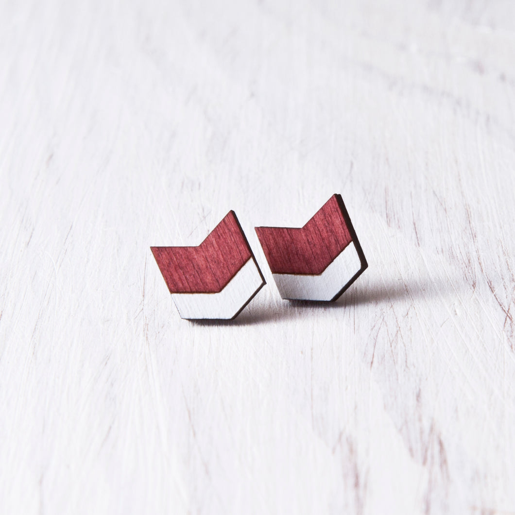 Wooden Arrow Earrings, Dark Red Chevron Studs, Valentines Day Gift for Her
