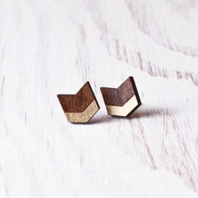 Load image into Gallery viewer, Brown Gold Chevron Earrings, Boho Arrow Studs