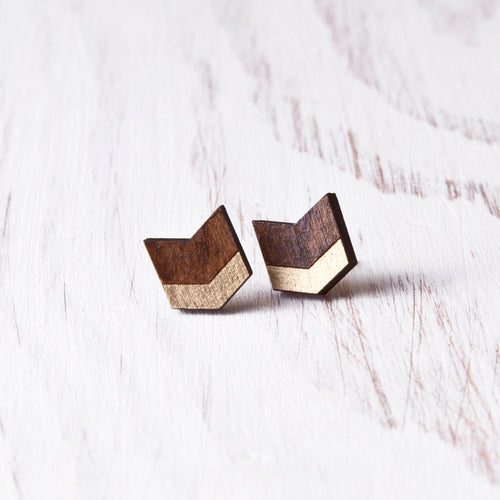 Brown Gold Chevron Earrings, Boho Arrow Studs