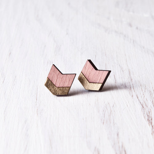 Dusty Pink Gold Wooden Arrow Stud Earrings, Bohemian Jewelry 