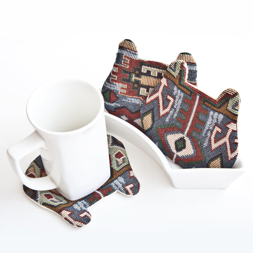 Tribal Bear Coasters Set, Housewarming Gifts, Absorbent Drink Coasters, Kitchen Accessory, Fabric Tea Mats 