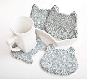 Blue Cat Coasters Set, Tribal Absorbent Tea Mats Set of 4, Housewarming Gifts - wishMeow 