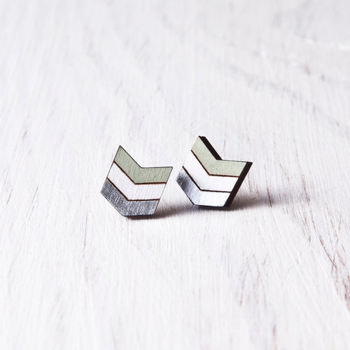 Mint White Silver Geometric Earrings, Wooden Arrow Stud Earrings, Bohemian Jewelry 