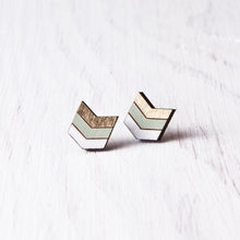 Load image into Gallery viewer, Gold Mint White Chevron Earrings, Boho Arrow Studs