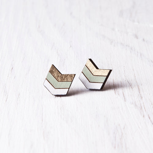 Gold Mint White Chevron Earrings, Boho Arrow Studs