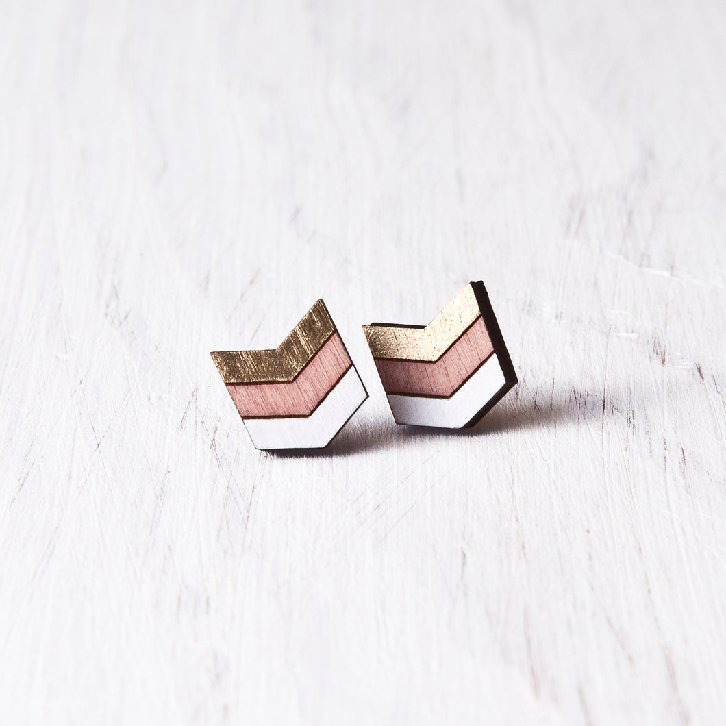 Gold Pink White Chevron Earrings, Boho Arrow Studs, Valentines Day Gift for Her 