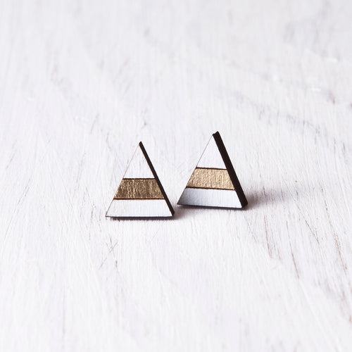 Triangle Gold White Stud Earrings, Valentines Day Gift for Her