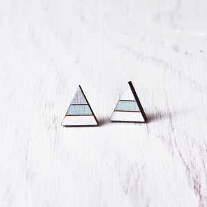 Blue White Mountain Stud Earrings, Geometric Wooden Earrings