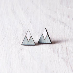 Wooden Blue White Mountain Stud Earrings, Geometric Jewelry
