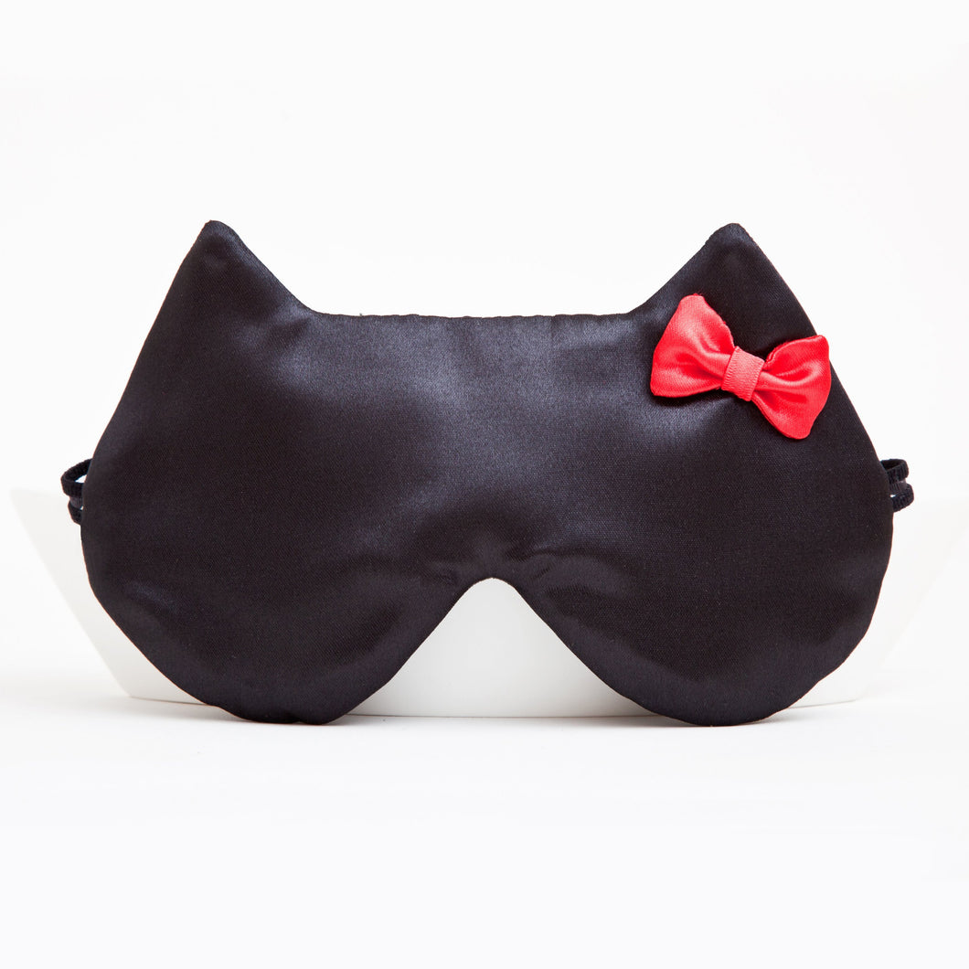 Black Satin Cat Sleep Mask with a Red Bow, Travel gifts for Women 