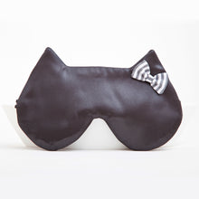 Load image into Gallery viewer, Black Satin Cat Sleep Mask with a Striped Bow - JuliaWine