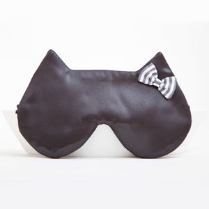 Black Satin Cat Sleep Mask with a Striped Bow - JuliaWine
