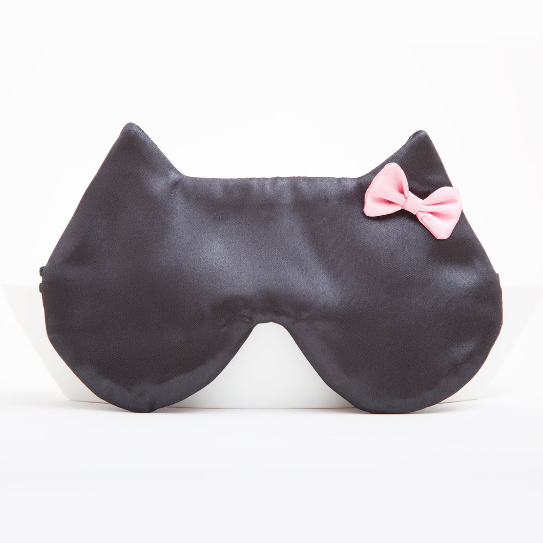 Black Satin Cat Sleep Mask with a Pink Bow - JuliaWine
