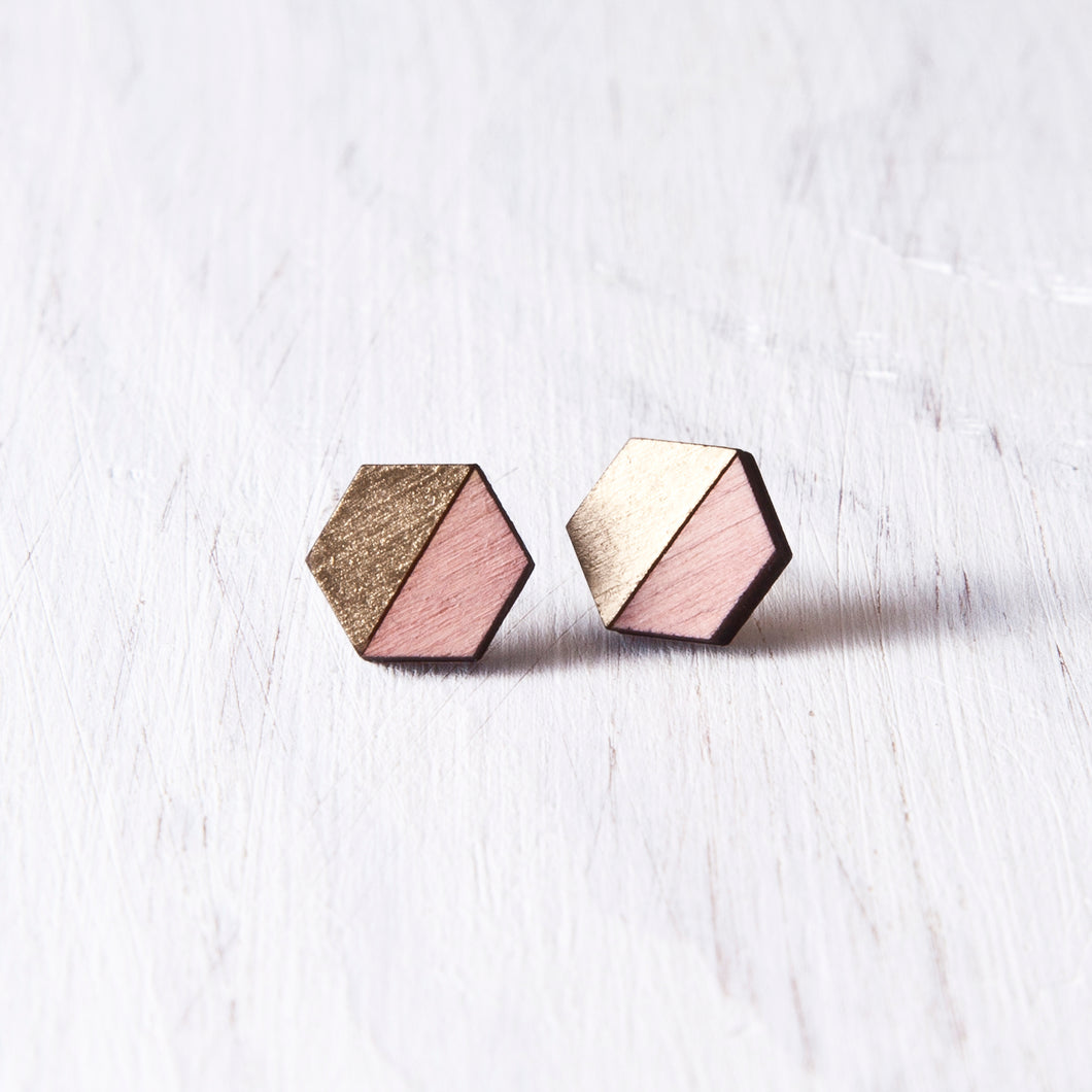 Hexagon Stud Earrings Gold Pink - JuliaWine