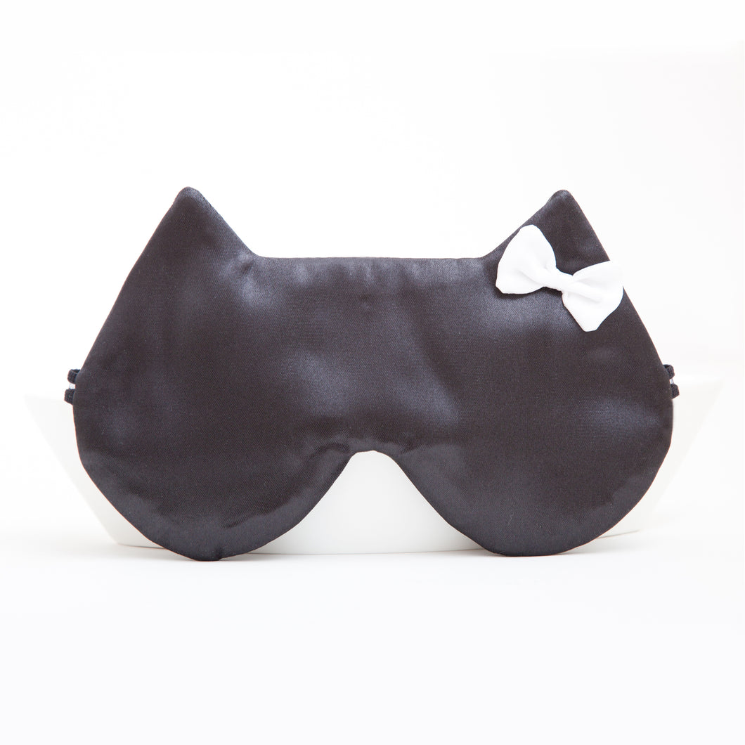 Black Satin Cat Sleep Mask with a White Bow
