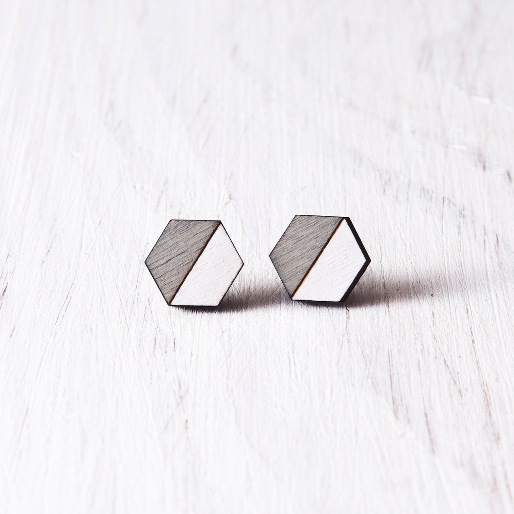 Hexagon Stud Earrings Gray White - JuliaWine