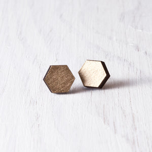 Wooden Hexagon Studs Gold - JuliaWine