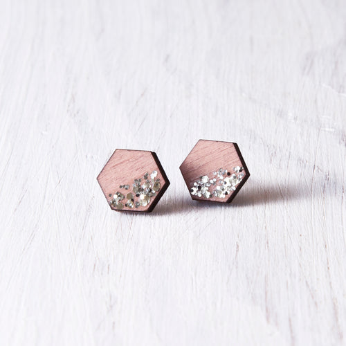 Hexagon Studs Sparkle Pink - JuliaWine