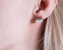 Load image into Gallery viewer, Gold White Cat Stud Earrings, Wooden Studs